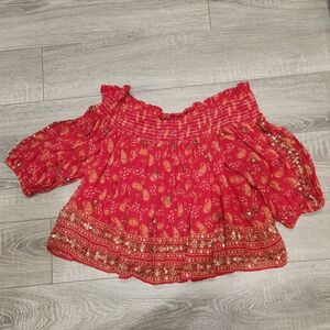 Free People Floral Red Off-Shoulder Blouse